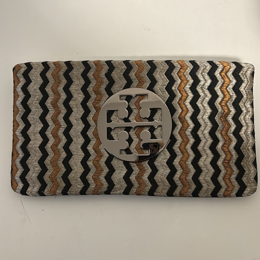Tory Burch Metallic Silver, Black & Gold Chevron Wristlet Clutch